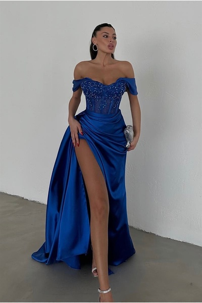 İyem Abiye Transparan Taş Işlemeli Allerli Şık Saten Tasarım Abiye Elbise Dar...