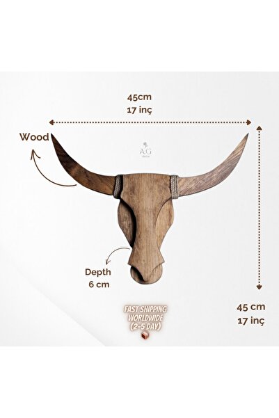 hü ma tasarım ve aksesuar BullCow Pilli Sarıçam Ahşap Boğa Kafası Dekoratif Aplik Avize Duvar Dekoru (Peri LED li)