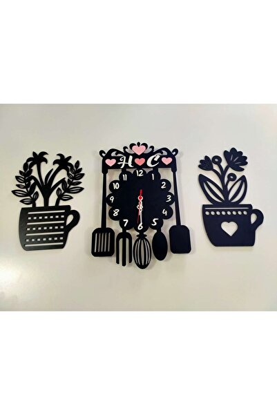 Genel Markalar Siyah Mutfak Duvar Saati ve Çiçek Süsü 3lü Set Kişiye Özel İsi...