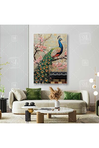 SML TABLO Mavi Başlı Yeşil Kuyruklu Tavus Kuşu Tüylü Tavuskuşu Pembe Japon Çi...