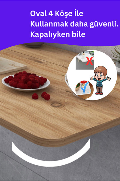 Kydonia Home 60x90 cm Mdf Lam 4 Köşesi Oval Duvara Monte Kırma Katlanır Yemek Mutfak Masası