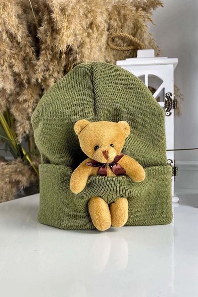 MYZİ STORE Children's Baby Black Beanie with Plush Teddy Bear
