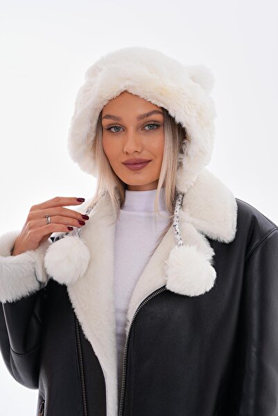 FELLMENS Ecru Plush Pilot Women's Hat Beanie with Double Pompoms