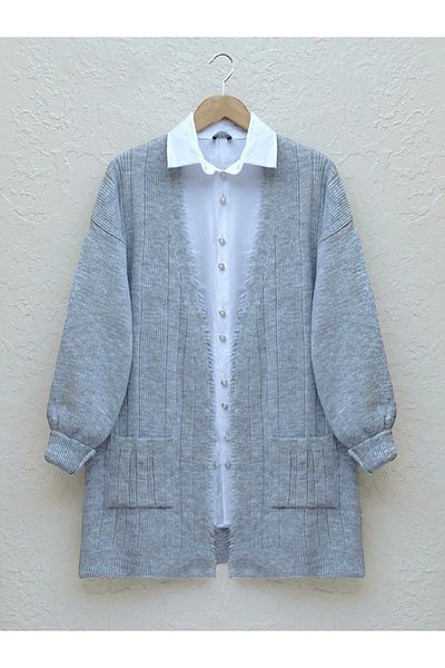 Modamorfo Gray Knitwear Cardigan with Pockets and Tassel Detail