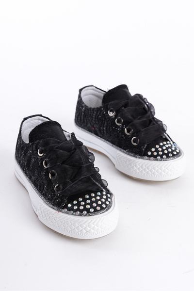 Pabrik Yeni Sezon Taşlı Bağcıklı Siyah Kız Çocuk Ayakkabı, Kız Çocuk Ortopedik Günlük Ayakkabı