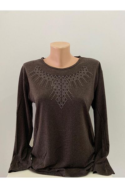 sevdalı Γυναικεία μπλούζα σε καφέ Choker Stone Print Mother Clothing