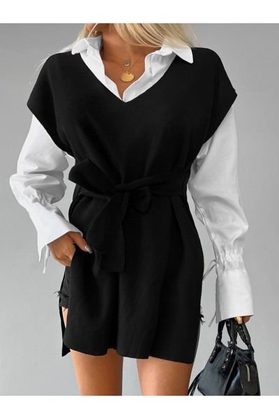 İpeksi Silky Women's V Neck Slit Detail Tie Back Knitwear Blouse