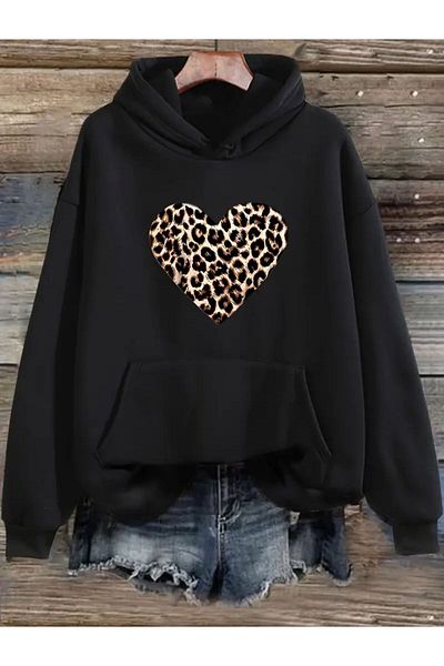 caddekombin Μαλακό φούτερ με κουκούλα Leopard Print με τσέπη με 2 κλωστές και μαλλί εσωτερικά