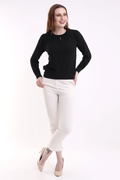 Şiir Harare Women - Μαύρη ελαστική χτενισμένη βαμβακερή μπλούζα με μακρυμάνικο γιακά και κουμπιά ζακάρ και μπλούζα χιτζάμπ