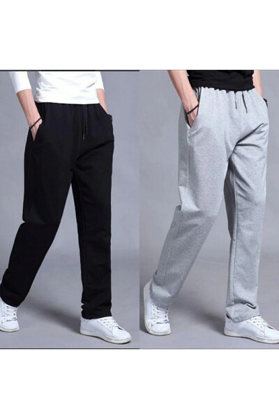 FİTGO أسود رمادي 2 قطعة للجنسين موسمية واسعة الساق مريحة قطع فضفاض Sweatpants