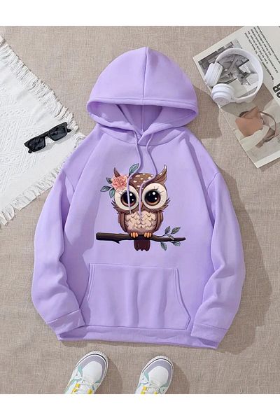caddekombin Cute Owl Printed Hooded Pocket 2 Thread Ribbed Sweatshirt