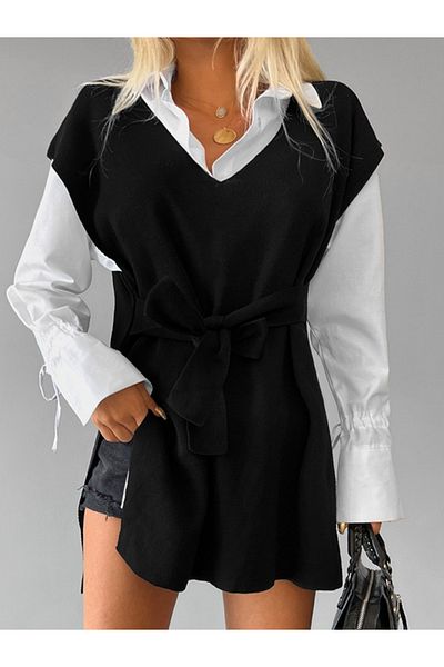 İpeksi Silky Women's V Neck Slit Detail Tie Back Knitwear Blouse