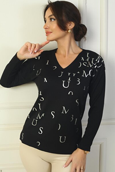 By Saygı Γυναικείο πλεκτό πουλόβερ με λαιμόκοψη V στο μπροστινό μέρος με στάμπα με γράμματα και σχισμές στα πλαϊνά