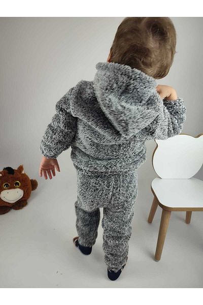GAMZEAKKUŞ Welsoft Plush Embroidered Hooded 2-Piece Unisex Kids Tracksuit Set