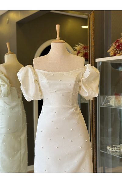 Lenta Wedding Ελαφρύ σατέν μίντι μήκους μολύβι αρραβώνων και βραδινό φόρεμα με λευκές πέρλες