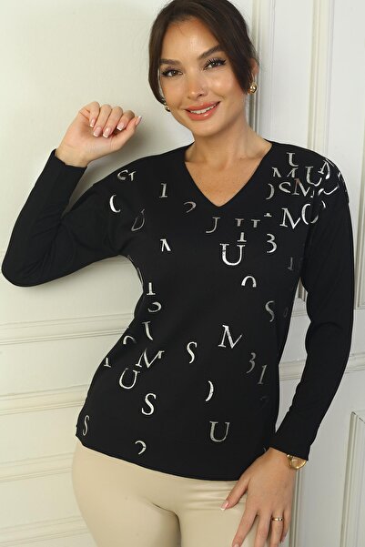 By Saygı Γυναικείο πλεκτό πουλόβερ με λαιμόκοψη V στο μπροστινό μέρος με στάμπα με γράμματα και σχισμές στα πλαϊνά