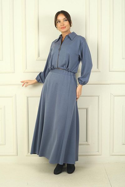 By Saygı Women's Zippered Front Jacket Elastic Waist Long Skirt 2-Piece Set