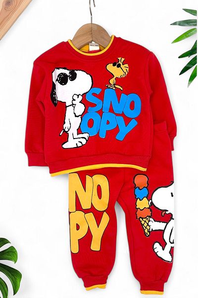 voyyo kids baby 1-4 Years Old Boy Snoopy Printed Personality 3 Rope Hooded Top and Bottom Set