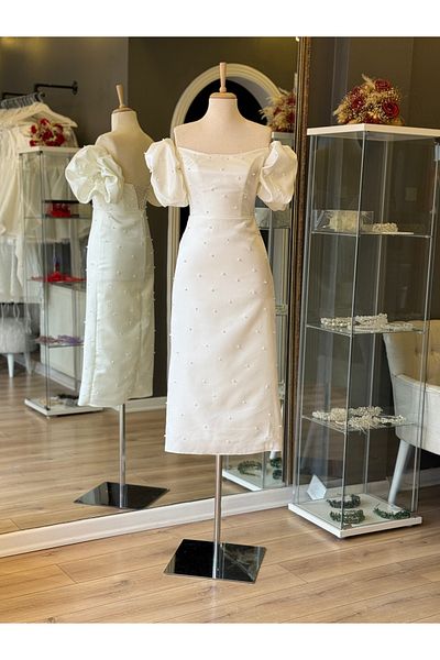 Lenta Wedding Ελαφρύ σατέν μίντι μήκους μολύβι αρραβώνων και βραδινό φόρεμα με λευκές πέρλες
