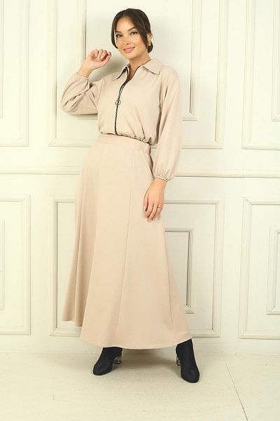 By Saygı Women's Zippered Front Jacket Elastic Waist Long Skirt 2-Piece Set
