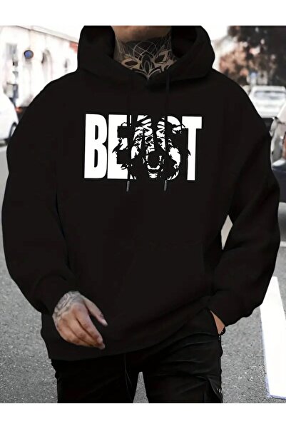 caddekombin Beast Printed Hooded Pocket Wool Inside 2 Thread Ribbed Sweatshirt