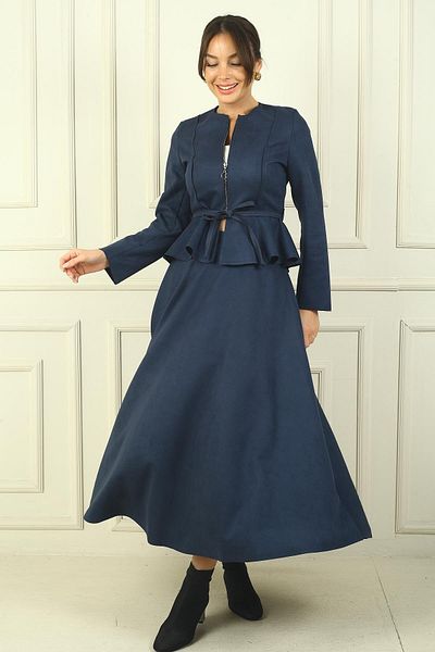 By Saygı Women's Front Zippered Waist Seated Belted Jacket Elastic Long Skirt 2-Piece Suede Set