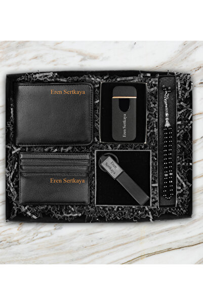 Apollon Gift Shop USB Şarjlı Elektronik Çakmak & Kişiye Özel Cüzdan & Kartvizitlik & Anahtarlık & Tesbih Hediye Seti