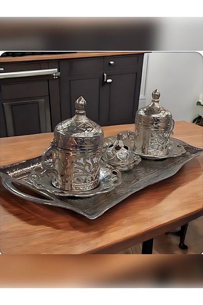 Bakır Center Copper Cup Set for 2 People - Copper Ottoman Patterned Turkish Coffee Tray Turkish Delight Cup Set