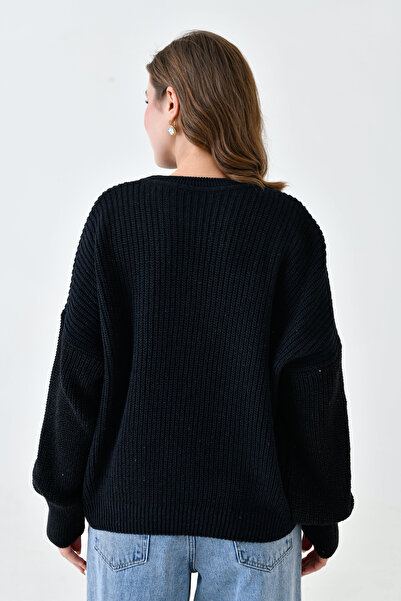 bayansepeti Pulover de tricotat negru pentru femei, cu mâneci lungi, cu gât rotund, supradimensionat Fit 1400