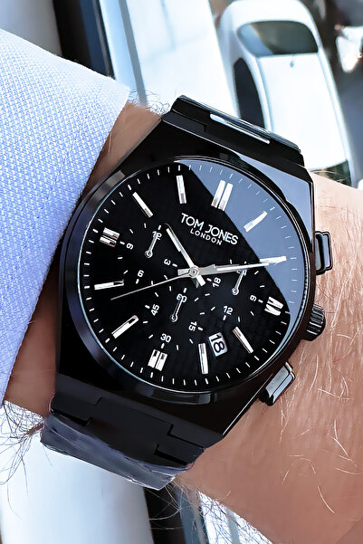 Tom Jones ساعة يد رجالية أصلية 3 Atm مقاومة للماء باللون الأسود وسوار فولاذي ...