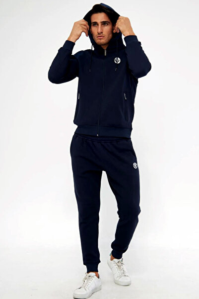 Marco Ferry Men's Navy Blue Front Zippered Hooded 3 Thread Raster Winter Trac...