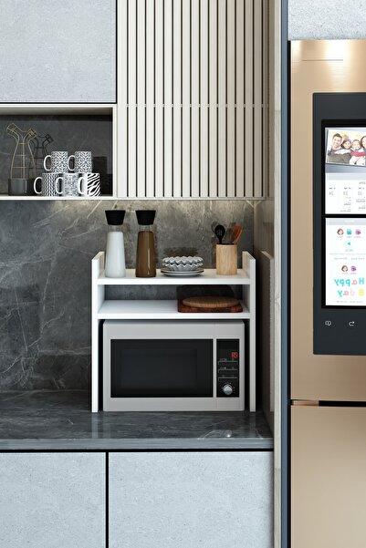 Jest Dekor Konsept Beyaz Ahşap Tezgah Üstü Mikrodalga Fırın Rafı - Mutfak Raf...