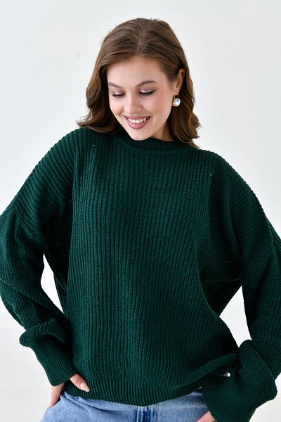 bayansepeti Women's Off Shoulder Long Sleeve Crew Neck Oversize Fit Emerald Green Knitwear Sweater 1400