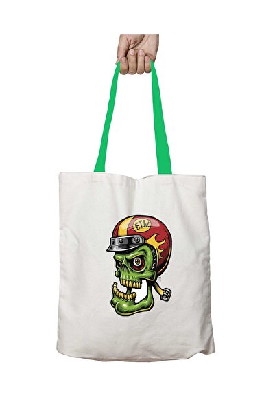 ART HEDİYE Skull 9547 Washable Shoulder Bag with Green Handles