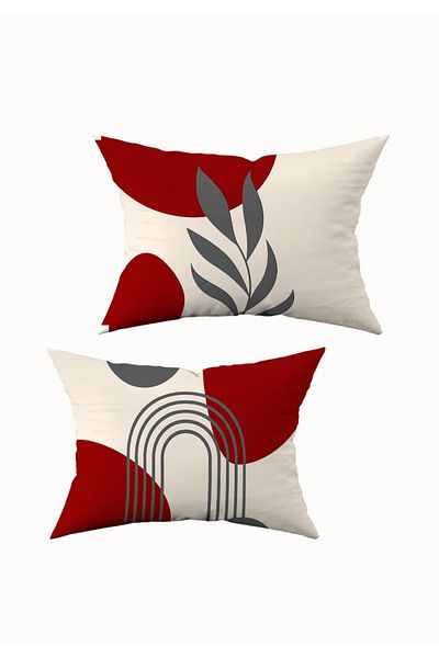 Şah Dekor Bohemian Boho Themed Red Gray Cream Color Digital Printed Gift 2-Piece Throw Pillow Pillowcase Set