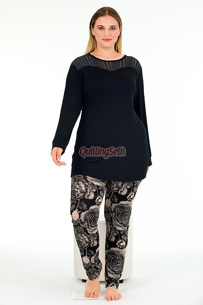 quilling Black Color, Floral Print Lady 11390 Women's Long Sleeve Plus Size Mother Pajamas Set