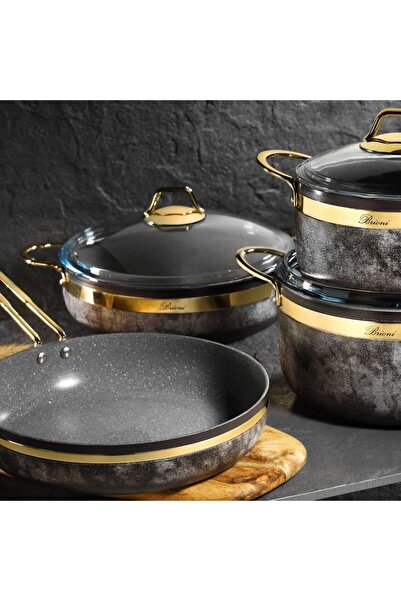 Brioni Royal Stone 7 Parça Kum Taşı ve Altın Taş Granit Tencere Seti