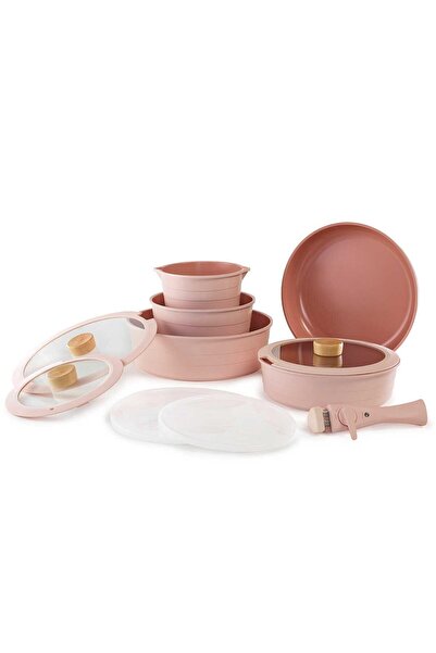 NEOFLAM طقم وعاء حثي قابل للفصل مكون من 11 قطعة من ميداس باللون الوردي مع مقب...
