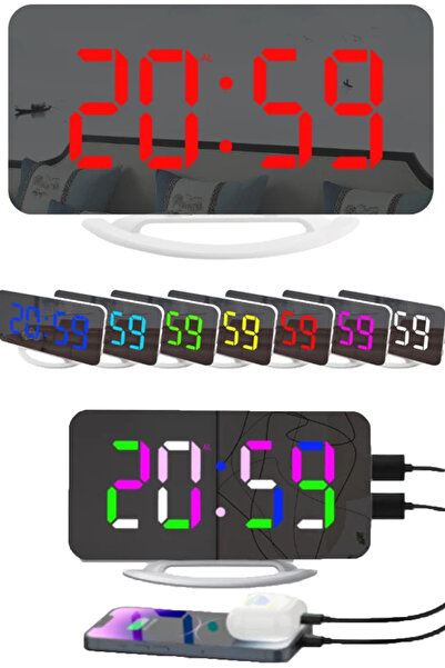 TechnoStation LED RGB Işıklı Çalar Saat Aynalı Yüzey Masaüstü Duvar Askılı Sa...