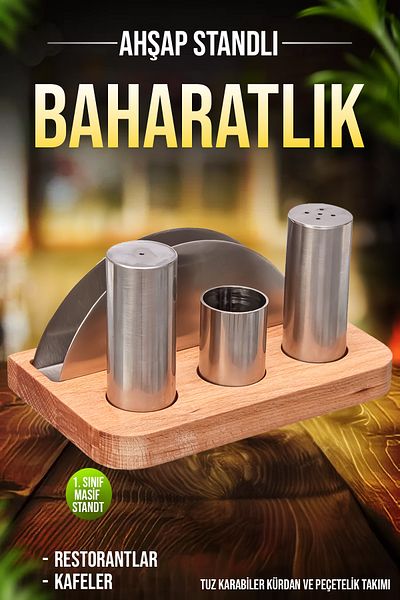 FİTHOME 4-Piece Cafe Restaurant Salt and Spice Holder Set with Wooden Stand Menage