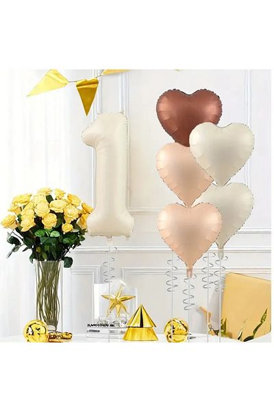 DÜVENCİ TİCARET 6-Piece Large Cream Number & Heart Foil Balloon Set - for Birthdays