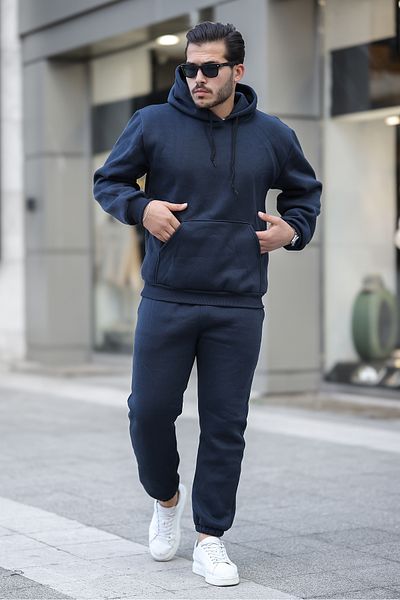 ruNadeS Men's Raised Comfortable Fit Elastic Leg Kangaroo Pocket Tracksuit Set - Casual