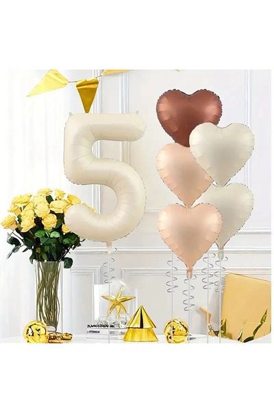 DÜVENCİ TİCARET 6-Piece Large Cream Number & Heart Foil Balloon Set - for Birthdays