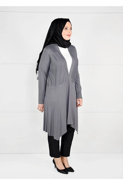 TRENDTESETTÜR Women's Gray Mesh Detailed Combed Cotton Tunic 2636