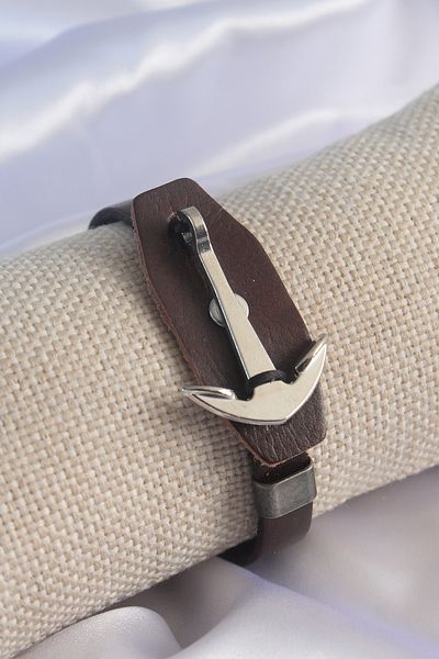 Skygo Brown Leather Model Silver Color Anchor Figure Men's Bracelet - TJ-EB3573