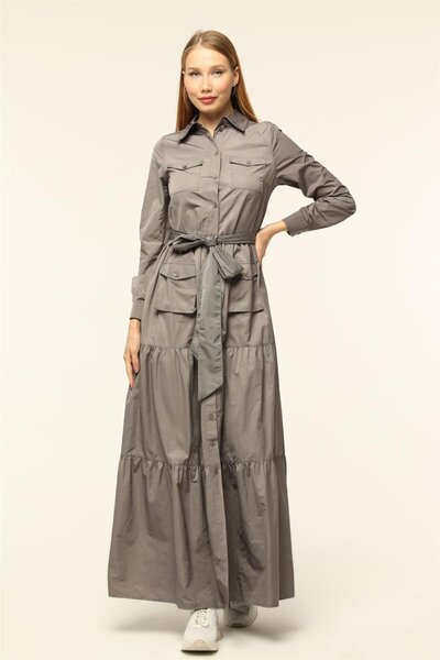 HomeStore Elbise Gömlek Yaka Beli Lastik Büzgü Ve Kuşak Kemerli - Füme