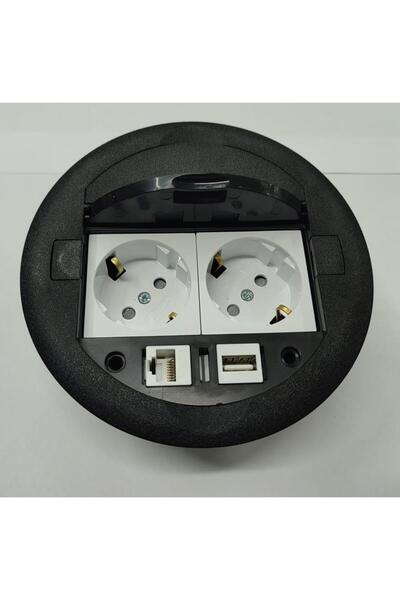 YKA Masa Üstü Priz Siyah+ 2 Ad. Priz+1 Ad. Usb+1 Ad. Ethernet Geçiş