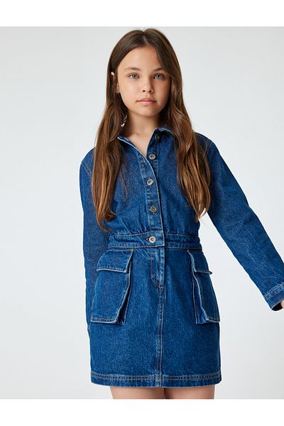 Koton Denim Dress Polo Neck Long Sleeve Flap Pocket Button Detail