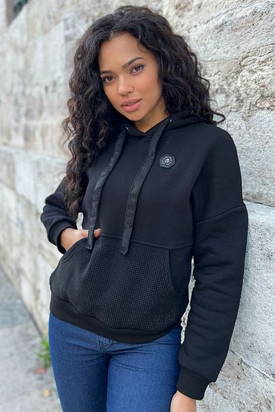 RICH GLAM Hanorac de damă din bumbac cu glugă din piatră de cristal fleece - buzunar, design negru cu trei fire