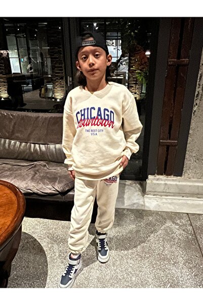 LePold Σετ φόρμας και φούτερ με 3 νήματα μπεζ κάτω μπεζ Chicago printed για κορίτσια/αγόρια